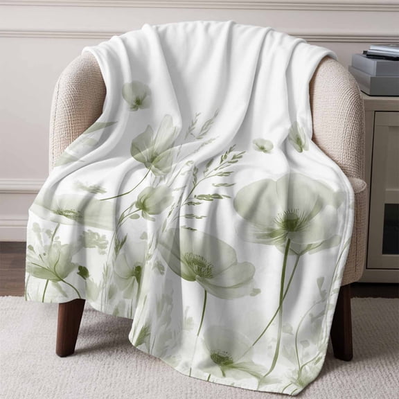 Flannel Fleece Throw Blanket Sage Green Flower Watercolor Gradient Lightweight Soft Plush Blankets,Farm Plant on White Cozy Warm Throw Blanket for Couch Sofa Bed Car Office All Season Use 50x60in