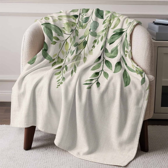 Flannel Fleece Throw Blanket Sage Green Leaves Plant Lightweight Soft Plush Blankets,Spring Botanical Retro Linen Cozy Warm Throw Blanket for Couch Sofa Bed Car Office All Season Use 50x60in