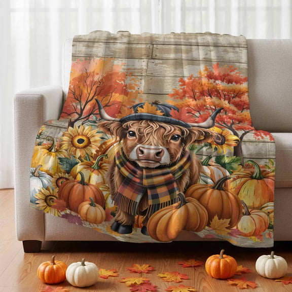Flannel Fleece Throw Blanket Scottish Highland Cow on Wood Lightweight Soft Plush Blankets 30x40in, Autumn Pumpkins Cozy Warm Throw Blanket for Couch Sofa Bed Car Office