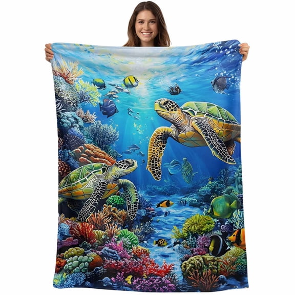 Flannel Fleece Throw Blanket Sea Turtle Fish Coral Lightweight Soft Plush Blankets,Blue Ocean Underwater World Cozy Warm Throw Blanket for Couch Sofa Bed Car Office All Season Use 40x50in
