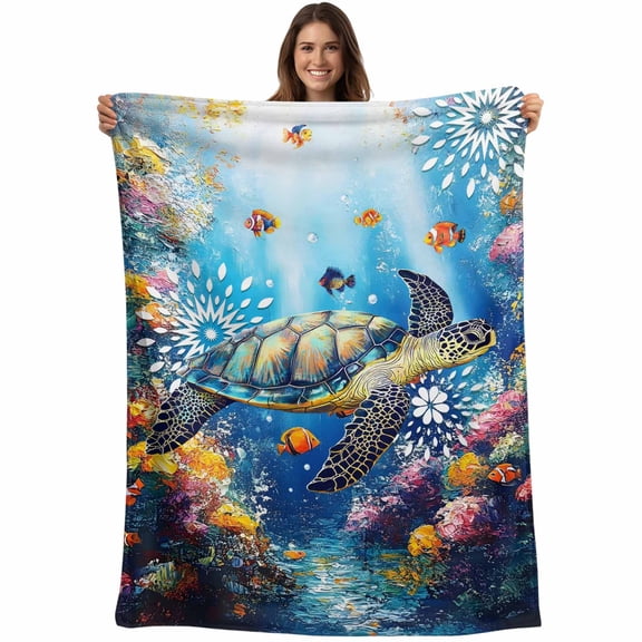 Flannel Fleece Throw Blanket Sea Turtle Fish Coral Lightweight Soft Plush Blankets,Marine Life Underwater World Cozy Warm Throw Blanket for Couch Sofa Bed Car Office All Season Use 40x50in