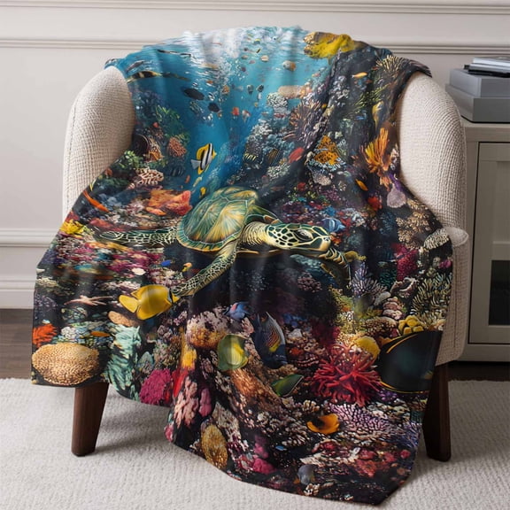 Flannel Fleece Throw Blanket Sea Turtle Fish Coral Lightweight Soft Plush Blankets,Watercolor Underwater World Cozy Warm Throw Blanket for Couch Sofa Bed Car Office All Season Use 60x80in