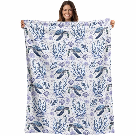 Flannel Fleece Throw Blanket Sea Turtle Shell Coral Seamless Lightweight Soft Plush Blankets,Summer Ocean Theme Cozy Warm Throw Blanket for Couch Sofa Bed Car Office All Season Use 40x50in