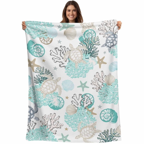 Flannel Fleece Throw Blanket Sea Turtle Starfish Shell Coral Lightweight Soft Plush Blankets,Marine Life Art Cozy Warm Throw Blanket for Couch Sofa Bed Car Office 40x50in