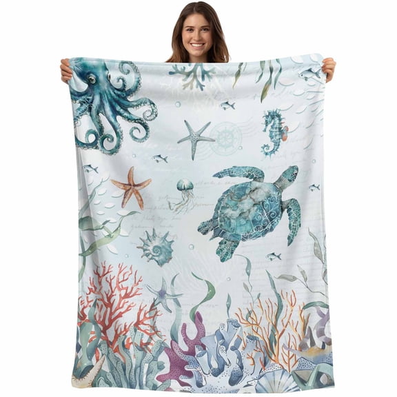 Flannel Fleece Throw Blanket Sea Turtles Nautical Seaweed Lightweight Soft Plush Blankets,Blue Ocean Octopus Starfish Cozy Warm Throw Blanket for Couch Sofa Bed Car Office 40x50in