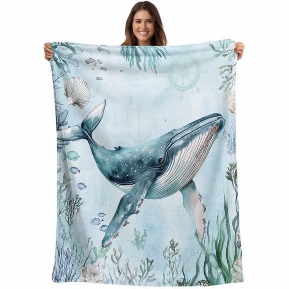 Flannel Fleece Throw Blanket Sea Whale Seaweed Shell Coral Lightweight Soft Plush Blankets,Summer Ocean Theme Cozy Warm Throw Blanket for Couch Sofa Bed Car Office All Season Use 40x50in