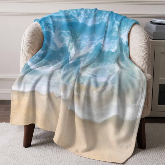 Flannel Fleece Throw Blanket Seaside Beach Blue Waves Lightweight Soft Plush Blankets,Summer Ocean Nautical Theme Cozy Warm Throw Blanket for Couch Sofa Bed Car Office All Season Use 50x60in