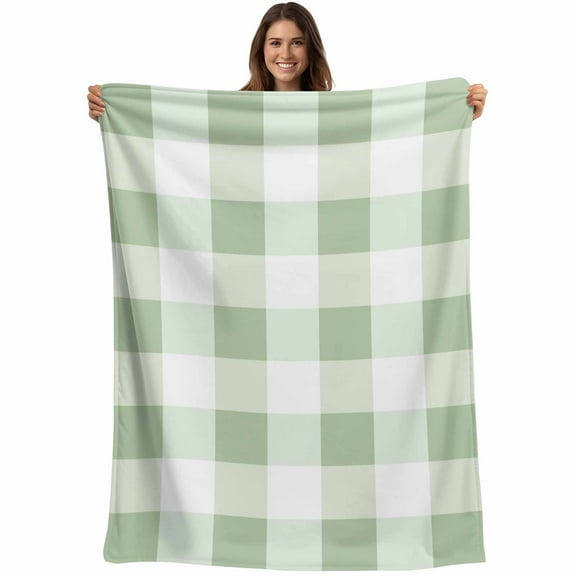 Flannel Fleece Throw Blanket Simple White Green Buffalo Plaid Lightweight Soft Plush Blankets,Spring Checker Gingham Cozy Warm Throw Blanket for Couch Sofa Bed Car Office 40x50in