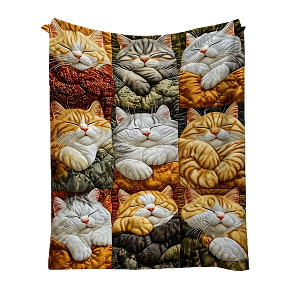 Flannel Fleece Throw Blanket with Sleeping Cat Pattern and Nine Square Design - Soft Warm Cozy Couch Blanket for Home Decor, Comfortable Bed Throw for All-Season Use and Pet Lovers