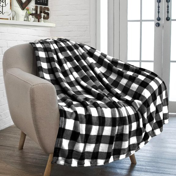 Flannel Fleece Throw Blanket for Sofa Couch Bed | Super Soft Velvet Plaid Pattern Checkered Decorative Throw | Warm Cozy Lightweight Microfiber | 60 x 80 Inches Plaid White/Black
