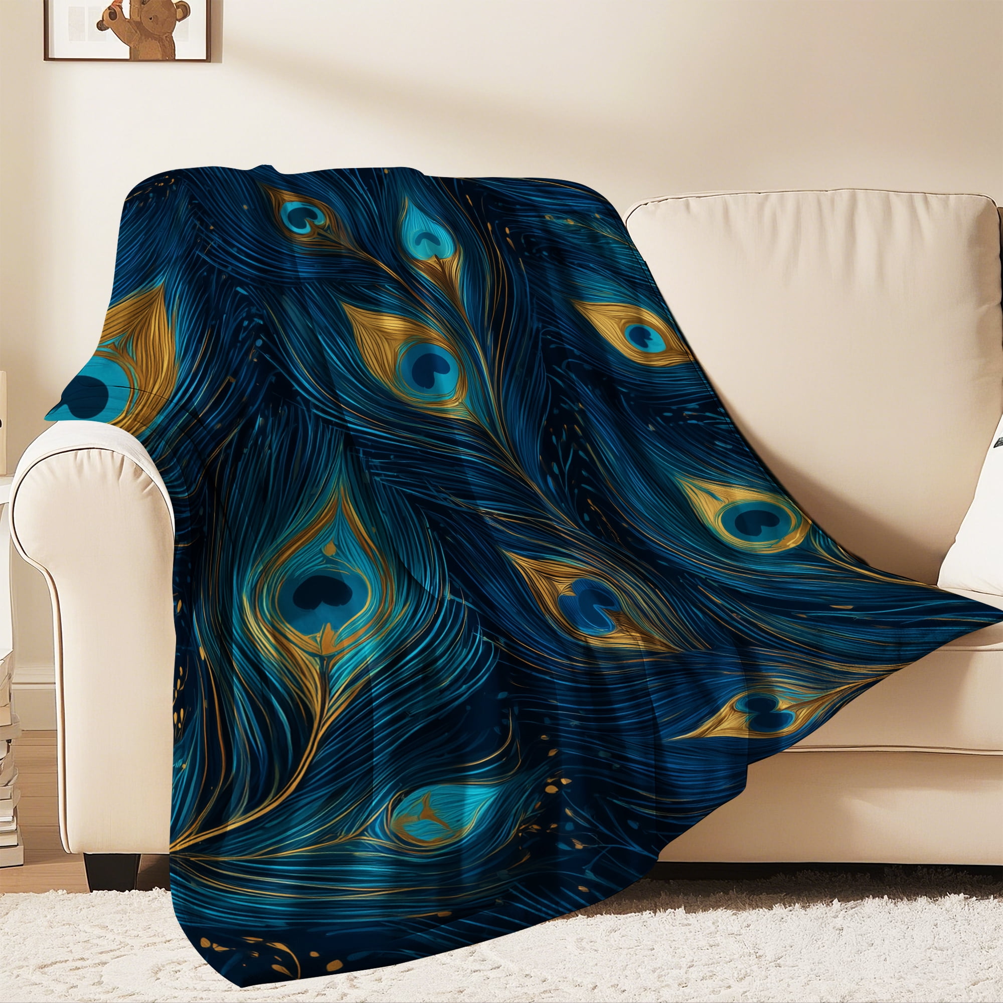 Flannel Fleece Throw Blanket, Soft Large Throw Blanket, Lightweight Cozy Plush Throw Blanket Fit Sofa Bed, 30"x40", Peacock Feather