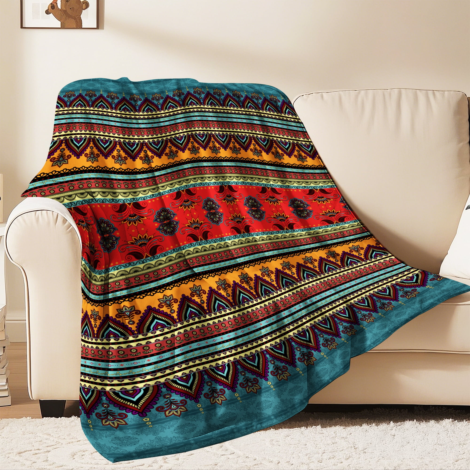 Flannel Fleece Throw Blanket, Soft Large Throw Blanket, Lightweight Cozy Plush Throw Blanket Fit Sofa Bed, 40"x50", Bohemian Stripes