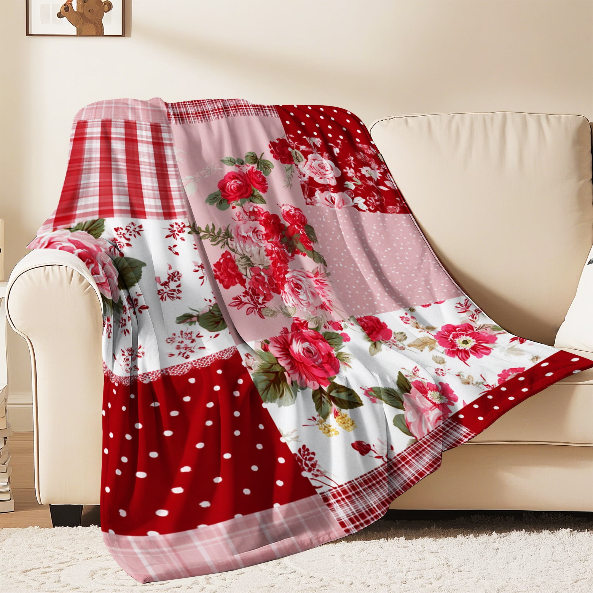 Flannel Fleece Throw Blanket, Soft Large Throw Blanket, Lightweight Cozy Plush Throw Blanket Fit Sofa Bed, 40"x50", Patchwork Floral Pattern