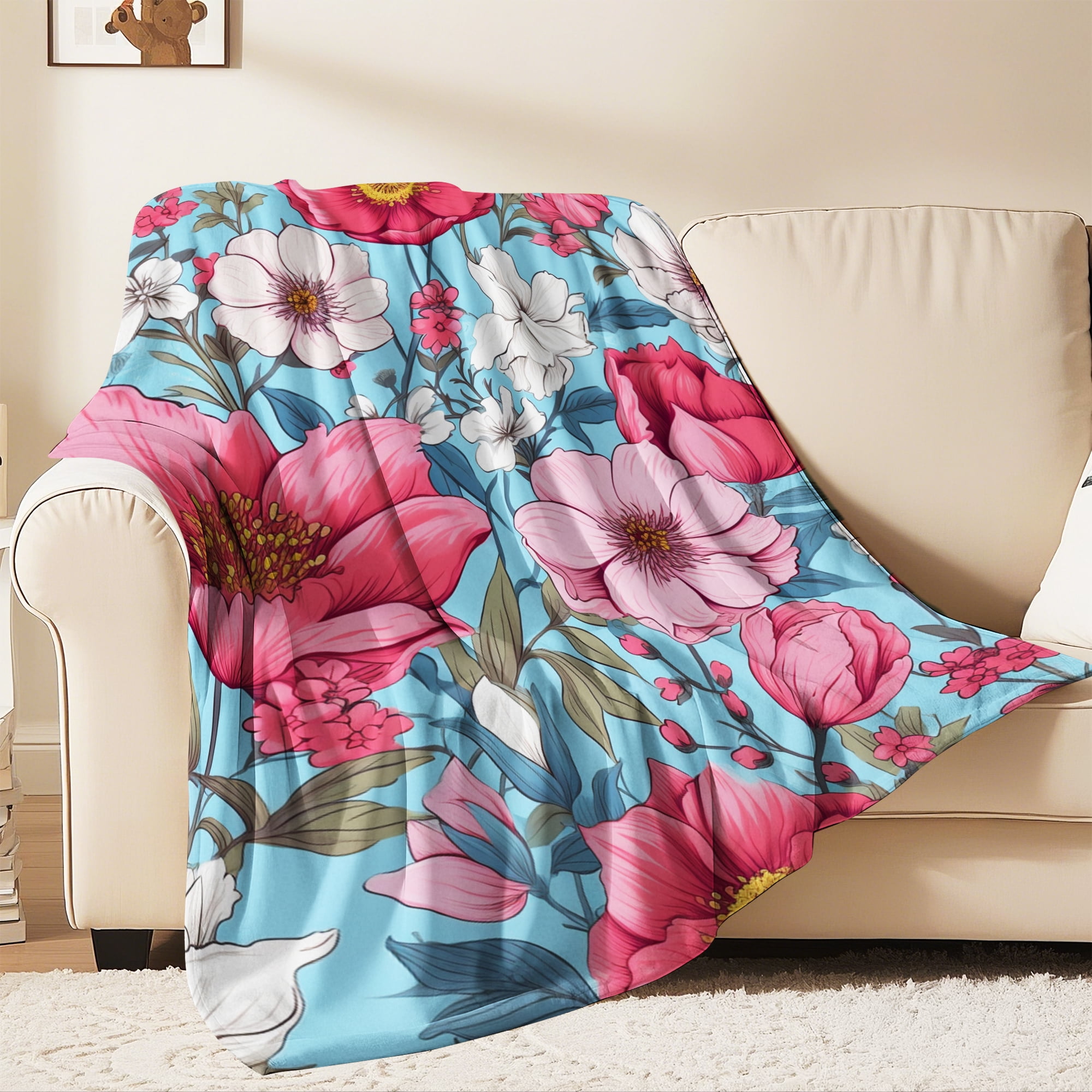Flannel Fleece Throw Blanket, Soft Large Throw Blanket, Lightweight Cozy Plush Throw Blanket Fit Sofa Bed, 50"x60", Florals
