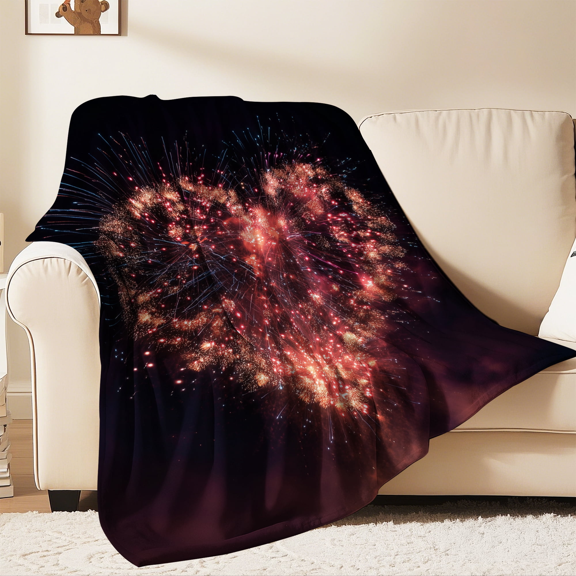 Flannel Fleece Throw Blanket, Soft Large Throw Blanket, Lightweight Cozy Plush Throw Blanket Fit Sofa Bed, 50"x60", Heart-shaped Fireworks