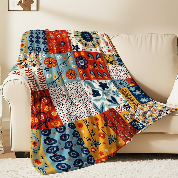 Flannel Fleece Throw Blanket, Soft Large Throw Blanket, Lightweight Cozy Plush Throw Blanket Fit Sofa Bed, 50"x60", Patchwork Floral Pattern