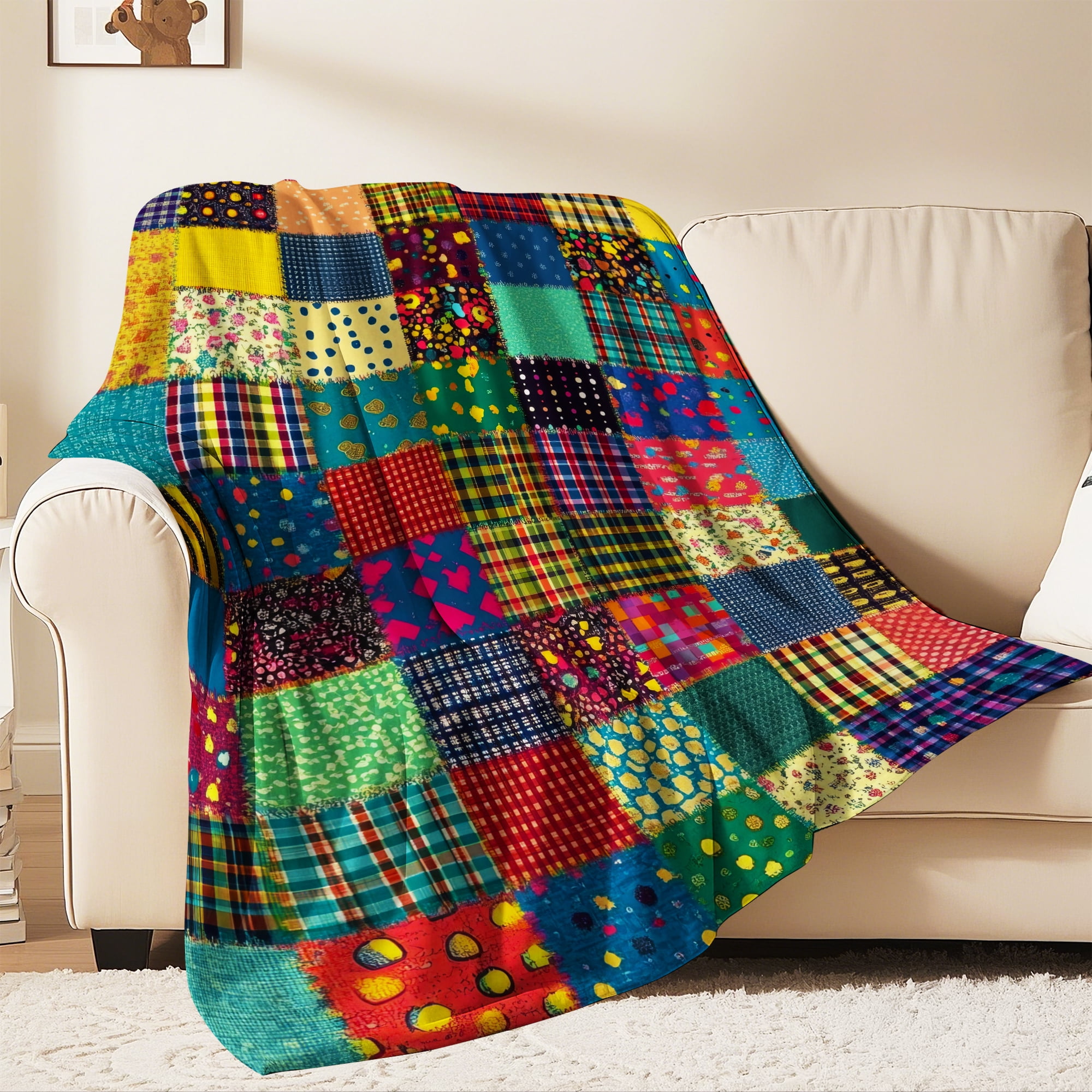 Flannel Fleece Throw Blanket, Soft Large Throw Blanket, Lightweight Cozy Plush Throw Blanket Fit Sofa Bed, 50"x60", Patchwork Floral Pattern