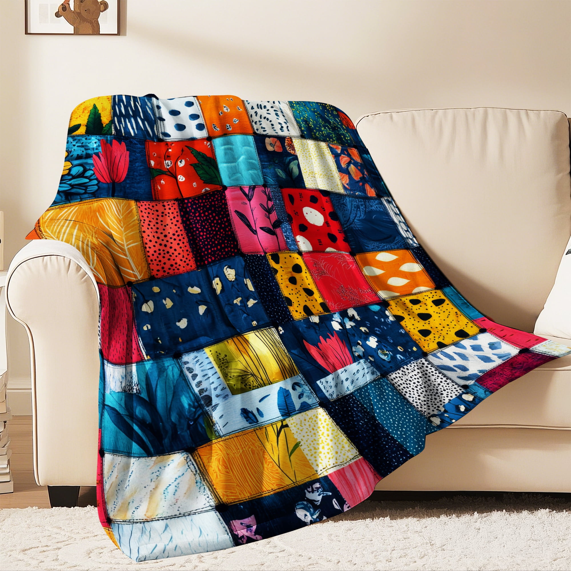 Flannel Fleece Throw Blanket, Soft Large Throw Blanket, Lightweight Cozy Plush Throw Blanket Fit Sofa Bed, 50"x60", Patchwork Floral Pattern