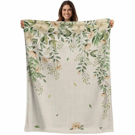 Flannel Fleece Throw Blanket Spring Blossom Flower Leaf Lightweight Soft Plush Blankets,Retro Linen Pastoral Rustic Plant Cozy Warm Throw Blanket for Couch Sofa Bed Car Office 40x50in