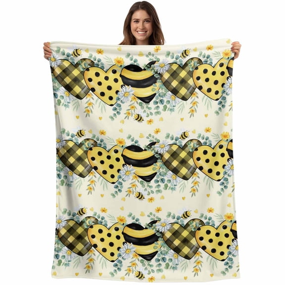Flannel Fleece Throw Blanket Spring Flower Eucalyptus Leaf Lightweight Soft Plush Blankets,Pastoral Yellow Bee Love Heart Cozy Warm Throw Blanket for Couch Sofa Bed Car Office 40x50in