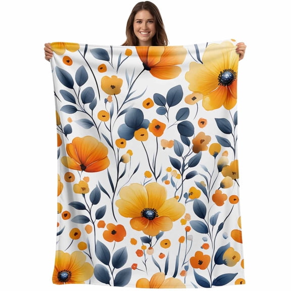 Flannel Fleece Throw Blanket Spring Flowers Watercolor Orange Gradient Lightweight Soft Plush Blankets,Country Floral Seamless Cozy Warm Throw Blanket for Couch Sofa Bed Car Office 40x50in