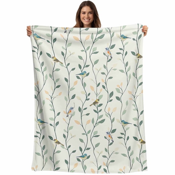Flannel Fleece Throw Blanket Spring Green Leaf Vine Bird Lightweight Soft Plush Blankets,Country Plant Cozy Warm Throw Blanket for Couch Sofa Bed Car Office All Season Use 40x50in