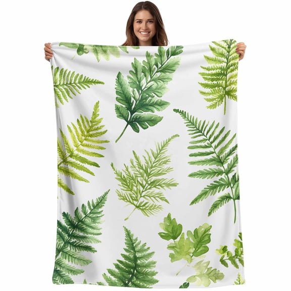 Flannel Fleece Throw Blanket Spring Ombre Green Stony Fern Lightweight Soft Plush Blankets,Countryside Greenery Leaves Cozy Warm Throw Blanket for Couch Sofa Bed Car Office 40x50in