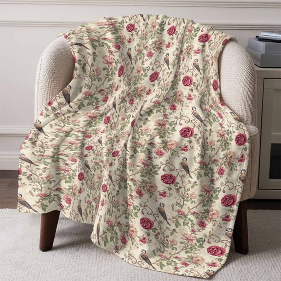 Flannel Fleece Throw Blanket Spring Pink Rose Bird Valentine's Day Lightweight Soft Plush Blankets,Farm Plant Leaves Seamless Cozy Warm Throw Blanket for Couch Sofa Bed Car Office 50x60in