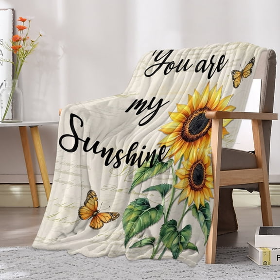 Flannel Fleece Throw Blanket Spring Rustic Sunflower Butterfly Lightweight Soft Plush Blankets 30x40in, Sunshine Text on Retro Letter Cozy Warm Throw Blanket for Couch Sofa Bed Car Office