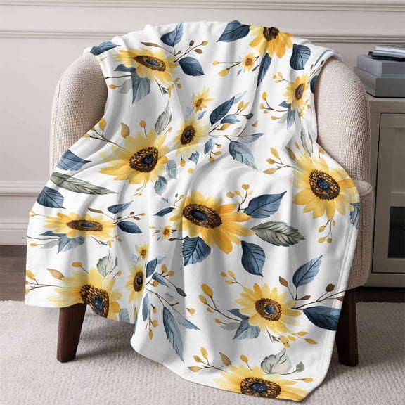 Flannel Fleece Throw Blanket Spring Sunflower Leaf Seamless Lightweight Soft Plush Blankets,Farm Blossom Floral Cozy Warm Throw Blanket for Couch Sofa Bed Car Office All Season Use 60x80in