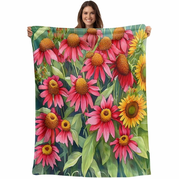 Flannel Fleece Throw Blanket Spring Sunflower Watercolor Floral Lightweight Soft Plush Blankets,Green Watercolor Leaves Cozy Warm Throw Blanket for Couch Sofa Bed Car Office 40x50in