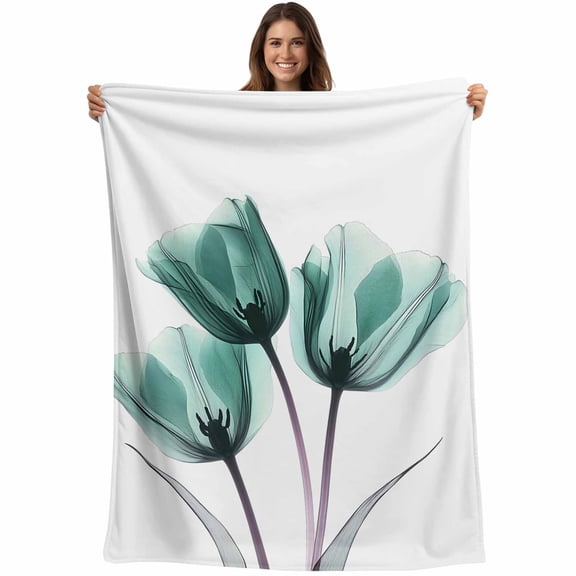 Flannel Fleece Throw Blanket Spring Teal Flower X-ray Floral Lightweight Soft Plush Blankets,Abstract Tulip Leaf Plant Cozy Warm Throw Blanket for Couch Sofa Bed Car Office All Season Use 40x50in