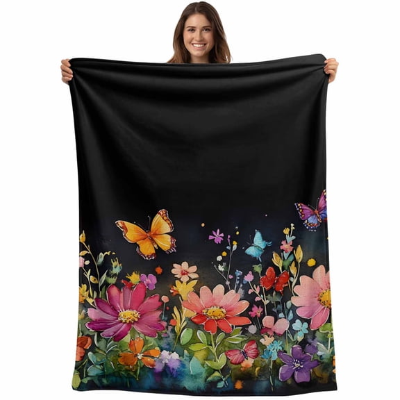 Flannel Fleece Throw Blanket Spring Watercolor Flower Butterfly Lightweight Soft Plush Blankets,Country Plant on Black Cozy Warm Throw Blanket for Couch Sofa Bed Car Office All Season Use 40x50in