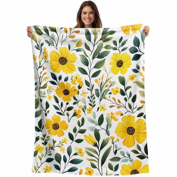 Flannel Fleece Throw Blanket Spring Yellow Flowers Watercolor Lightweight Soft Plush Blankets,Farm Green Leaves Seamless Cozy Warm Throw Blanket for Couch Sofa Bed Car Office All Season Use 40x50in