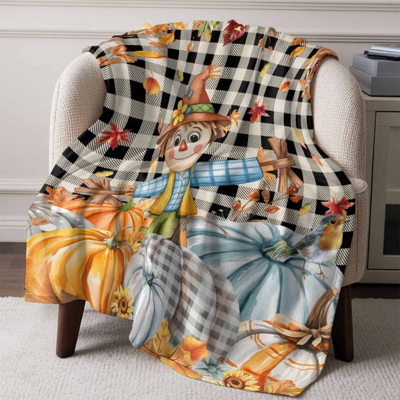 Flannel Fleece Throw Blanket Straw Man Fall Pumpkin Fallen Leaves Lightweight Soft Plush Blankets,Thanksgiving Retro Black Check Cozy Warm Throw Blanket for Couch Sofa Bed Car Office 50x60in