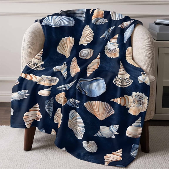 Flannel Fleece Throw Blanket Summary Ocean Shell Conch Seamless Lightweight Soft Plush Blankets,Dark Blue Back Cozy Warm Throw Blanket for Couch Sofa Bed Car Office All Season Use 50x60in