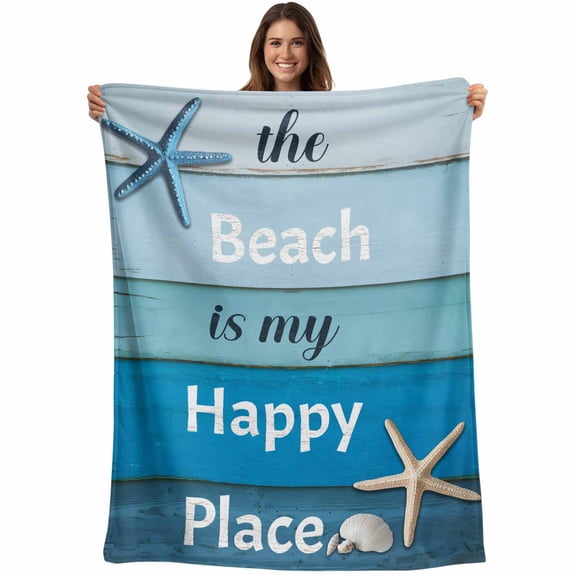 Flannel Fleece Throw Blanket Summer Beach Blue Gradient Wood Board Lightweight Soft Plush Blankets,Starfish Shell Happy Place Cozy Warm Throw Blanket for Couch Sofa Bed Car Office 40x60in