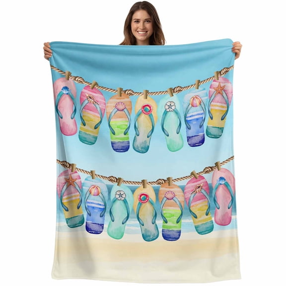 Flannel Fleece Throw Blanket Summer Beach Ocean Lightweight Soft Plush Blankets,Watercolor Slippers Starfish Cozy Warm Throw Blanket for Couch Sofa Bed Car Office 40x50in