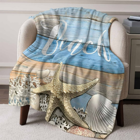 Flannel Fleece Throw Blanket Summer Beach Starfish Shell Lightweight Soft Plush Blankets,Farm Retro Wood Board Cozy Warm Throw Blanket for Couch Sofa Bed Car Office All Season Use 60x80in