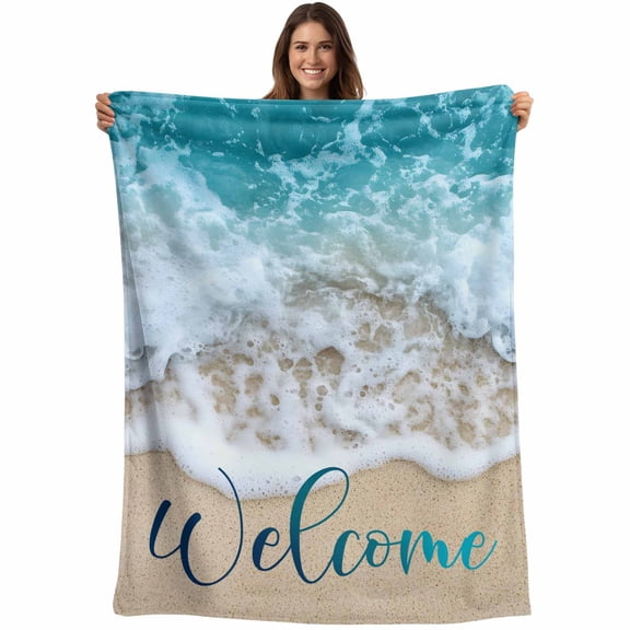 Flannel Fleece Throw Blanket Summer Beach Teal Sea Water Lightweight Soft Plush Blankets,Nautical Seaside Welcome Quote Cozy Warm Throw Blanket for Couch Sofa Bed Car Office All Season Use 40x50in