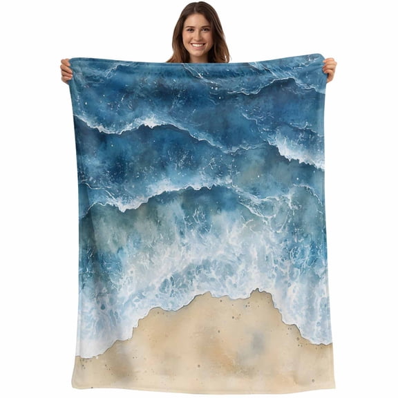 Flannel Fleece Throw Blanket Summer Beach Waves Coastal Lightweight Soft Plush Blankets,Blue Sea Water Cozy Warm Throw Blanket for Couch Sofa Bed Car Office All Season Use 40x50in