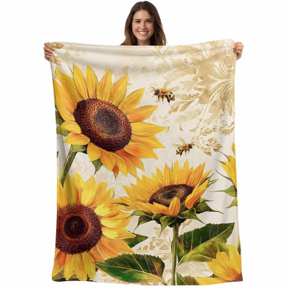 Flannel Fleece Throw Blanket Summer Blossom Sunflower Bee Lightweight Soft Plush Blankets,Retro Flower Leaves Cozy Warm Throw Blanket for Couch Sofa Bed Car Office 40x50in