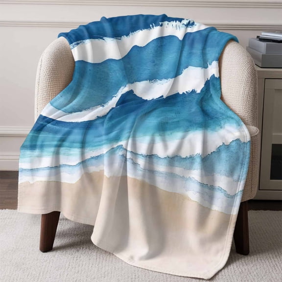 Flannel Fleece Throw Blanket Summer Blue Ocean Beach Waves Lightweight Soft Plush Blankets,Coastal Water Ripple Cozy Warm Throw Blanket for Couch Sofa Bed Car Office All Season Use 60x80in