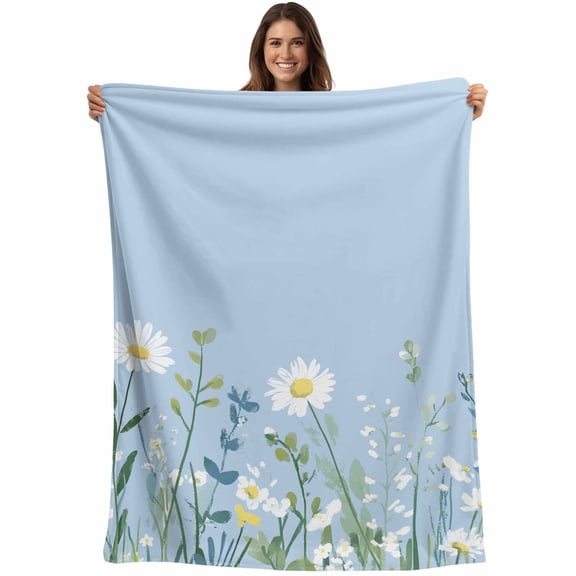 Flannel Fleece Throw Blanket Summer Cartoon Daisy Green Leaves Lightweight Soft Plush Blankets,Wild Flower on Blue Cozy Warm Throw Blanket for Couch Sofa Bed Car Office 40x50in