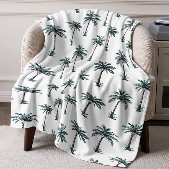 Flannel Fleece Throw Blanket Summer Coconut Tree on White Lightweight Soft Plush Blankets,Tropical Plant Cozy Warm Throw Blanket for Couch Sofa Bed Car Office All Season Use 50x60in