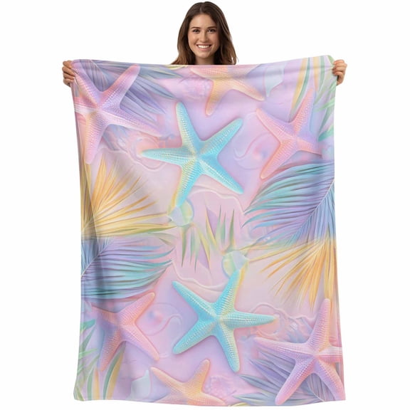 Flannel Fleece Throw Blanket Summer Colorful Gradient Starfish Leaf Lightweight Soft Plush Blankets,Beach Sealife Plant Cozy Warm Throw Blanket for Couch Sofa Bed Car Office 40x50in