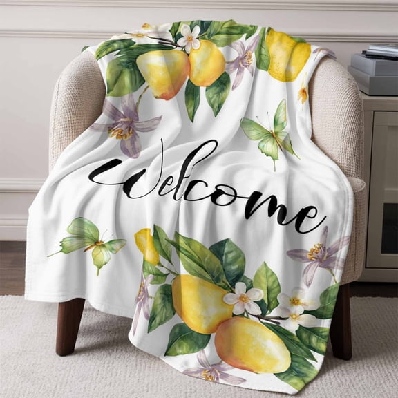 Flannel Fleece Throw Blanket Summer Lemon Flower Leaves Lightweight Soft Plush Blankets,Butterfly Welcome Quote Cozy Warm Throw Blanket for Couch Sofa Bed Car Office All Season Use 60x80in