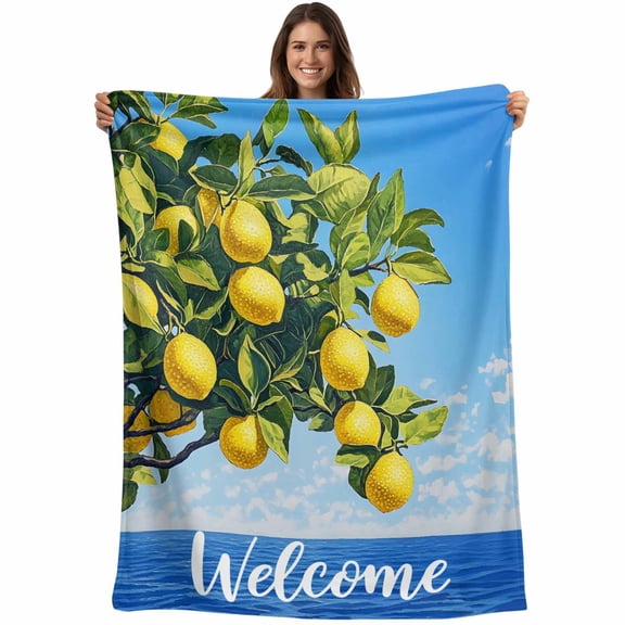 Flannel Fleece Throw Blanket Summer Lemon Green Leaves Lightweight Soft Plush Blankets,Blue Ocean Welcome Quote Cozy Warm Throw Blanket for Couch Sofa Bed Car Office All Season Use 40x50in