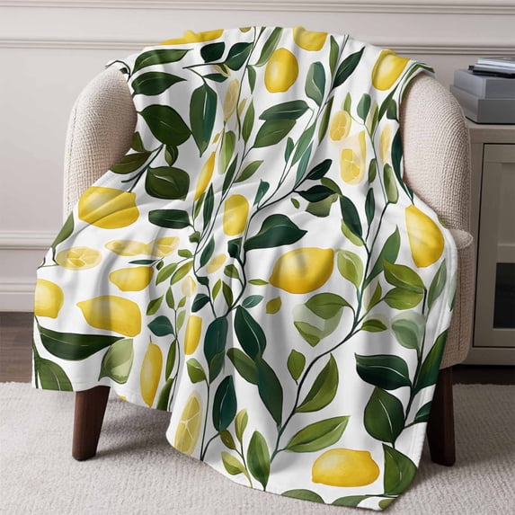 Flannel Fleece Throw Blanket Summer Lemon Green Leaves Watercolor Lightweight Soft Plush Blankets,Farm Harvest Fruit Seamless Cozy Warm Throw Blanket for Couch Sofa Bed Car Office 50x60in