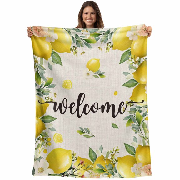 Flannel Fleece Throw Blanket Summer Lemon Leaves Flower Lightweight Soft Plush Blankets,Welcome Quote Retro Linen Cozy Warm Throw Blanket for Couch Sofa Bed Car Office All Season Use 40x50in